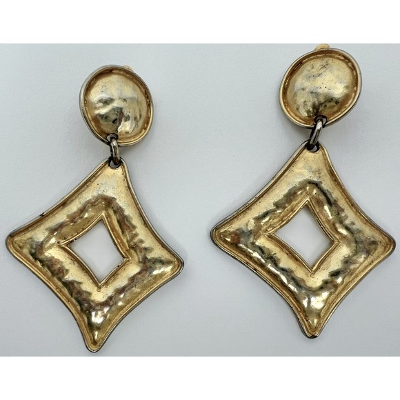 Vintage Erwin Pearl Gold Toned Diamond Shape Dangle Drop Clip On Earrings - Picture 4 of 4